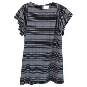 Moon River Black White Striped Shift Dress Mini Flutter Sleeve COTTON Large